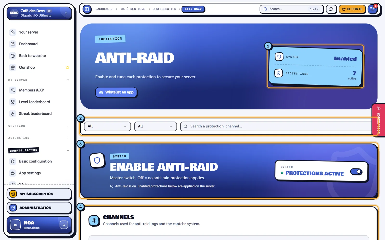 Anti-Raid page with the system on and several protections