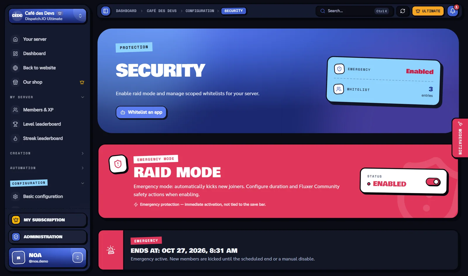 Security page with raid mode on