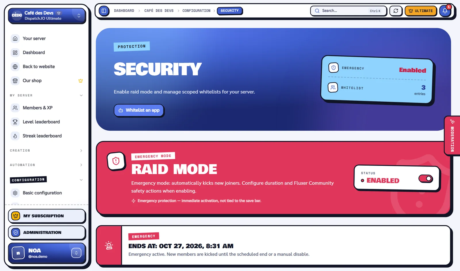 Security page with raid mode on