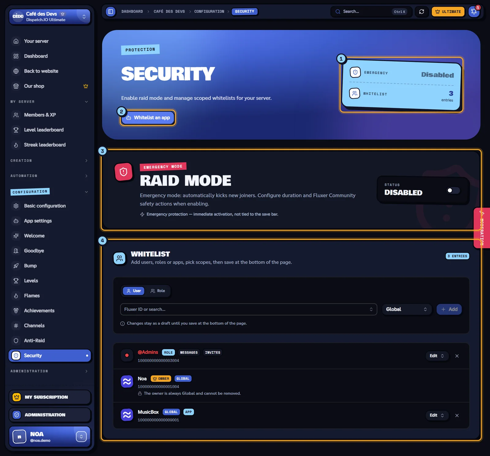 Security page with raid mode off and the whitelist