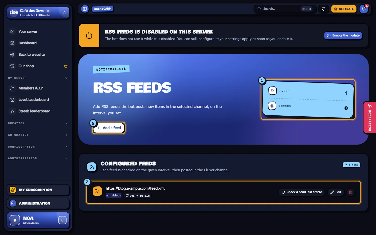 RSS feeds page with one configured feed
