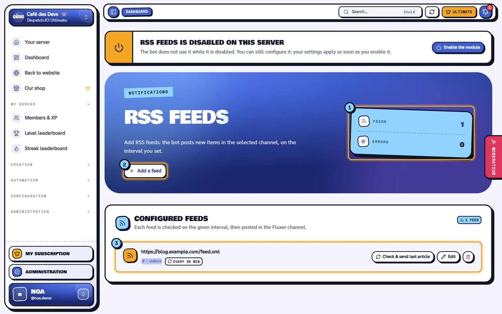 RSS feeds page with one configured feed