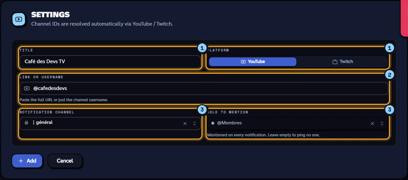 Add a network editor filled in for a YouTube channel