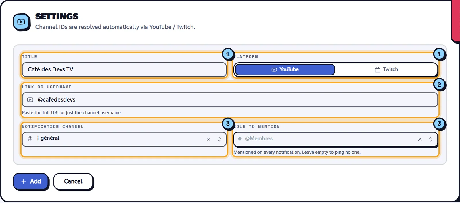 Add a network editor filled in for a YouTube channel