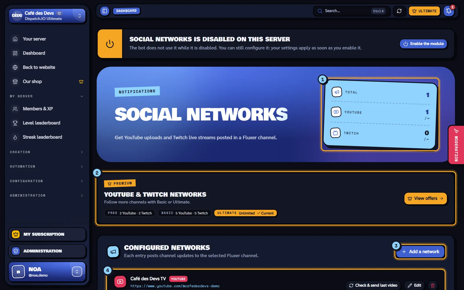 Social networks page with the Café des Devs TV YouTube channel
