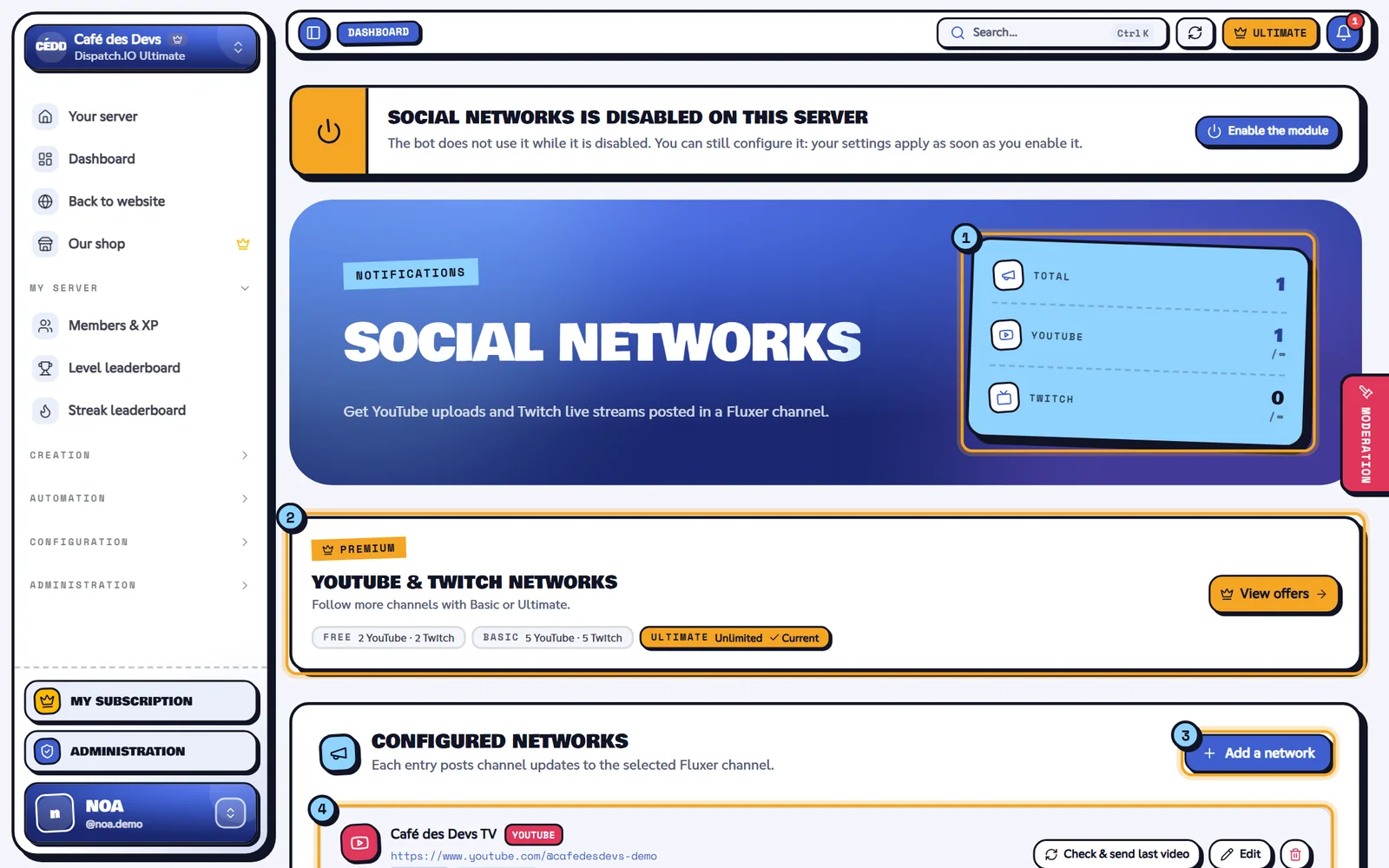 Social networks page with the Café des Devs TV YouTube channel
