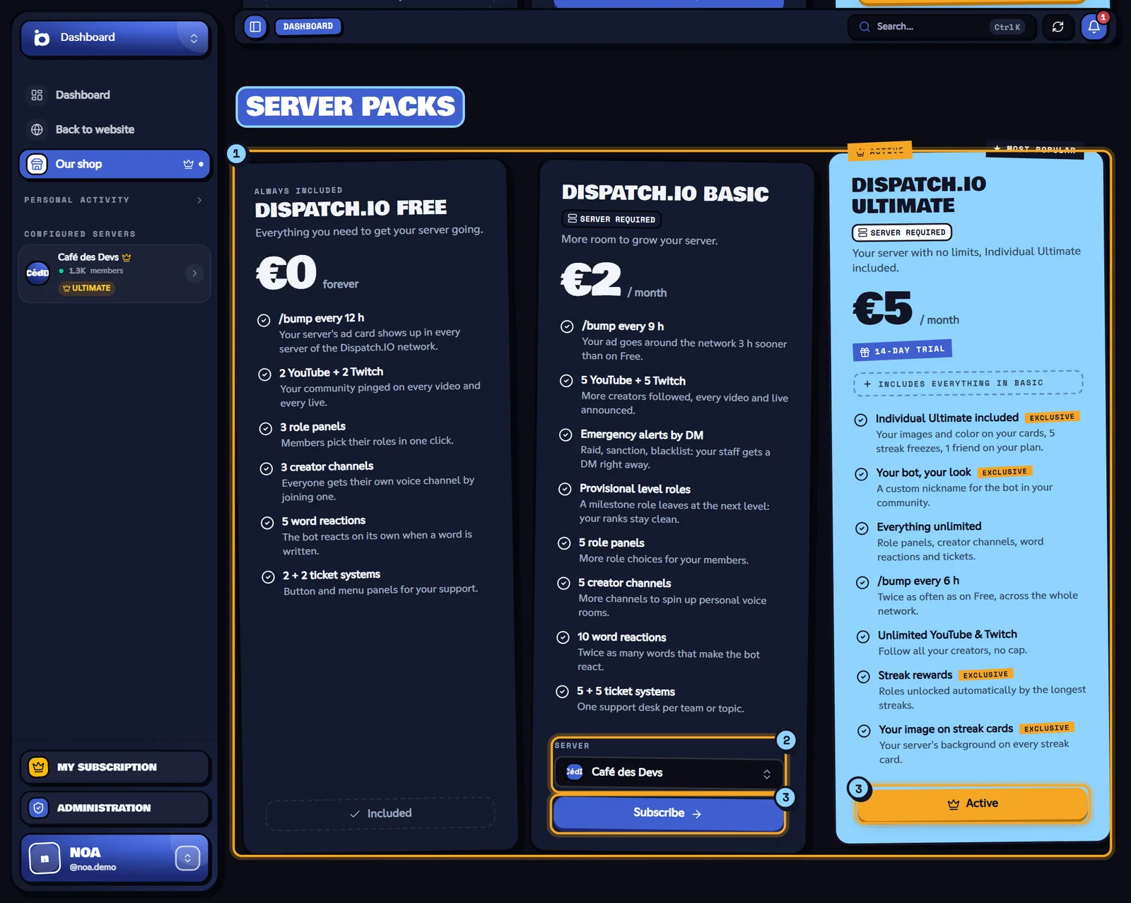Shop opened from a server, Server packs section
