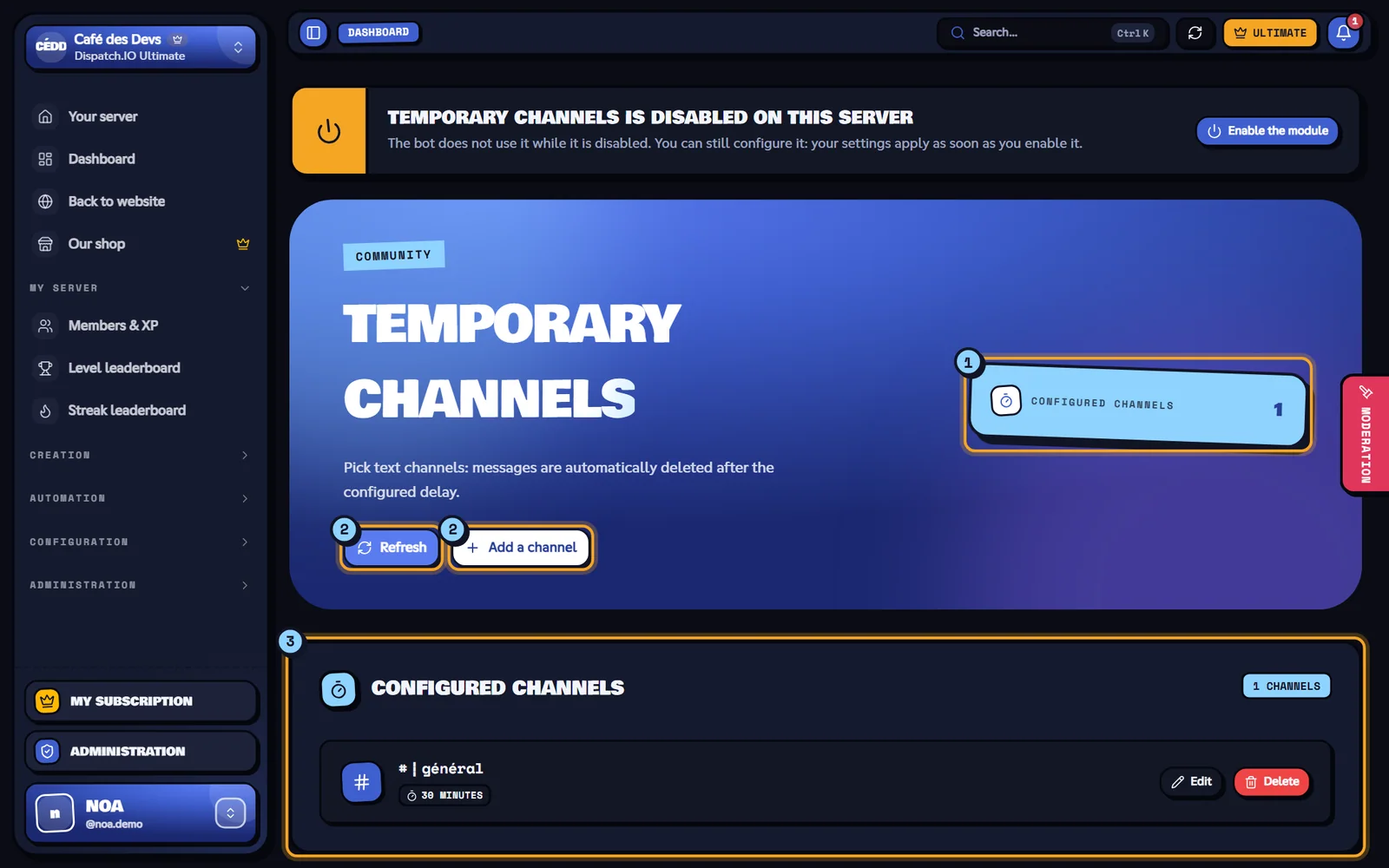 Temporary channels page with one configured channel