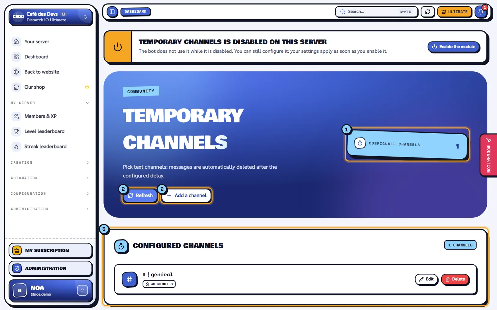 Temporary channels page with one configured channel