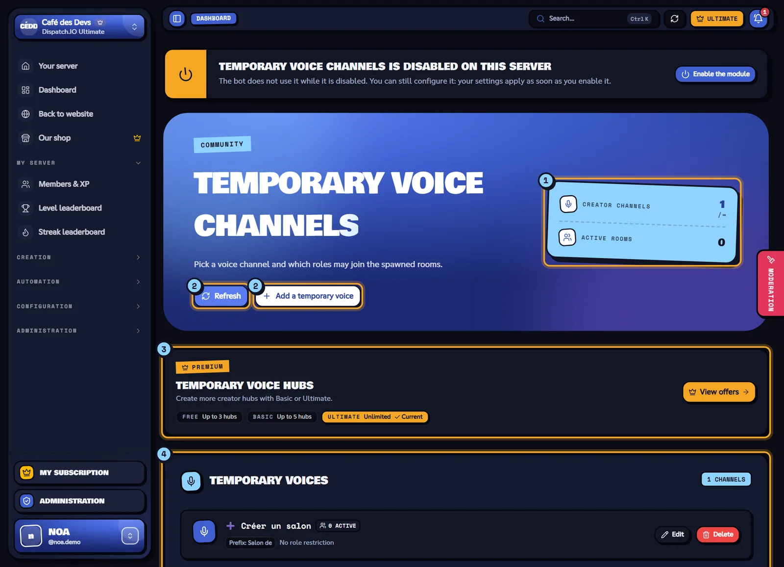 Temporary voice channels page with the "➕ Créer un salon" creator channel