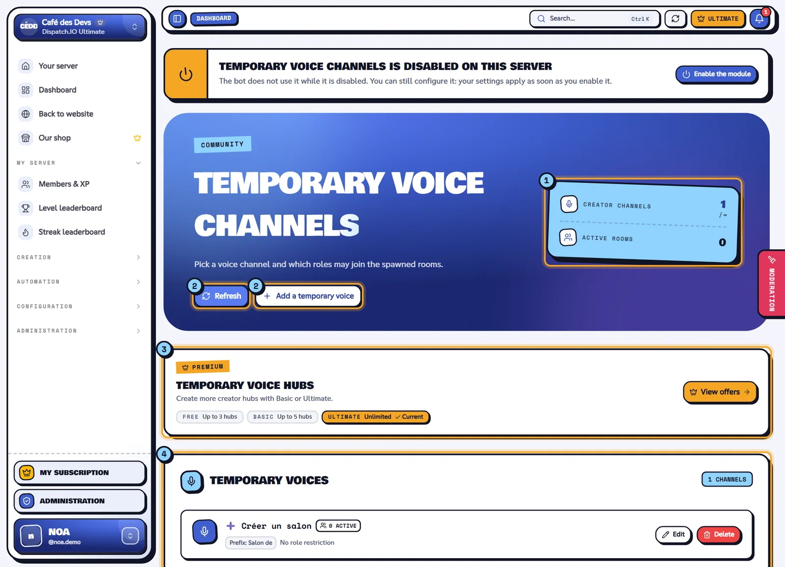Temporary voice channels page with the "➕ Créer un salon" creator channel