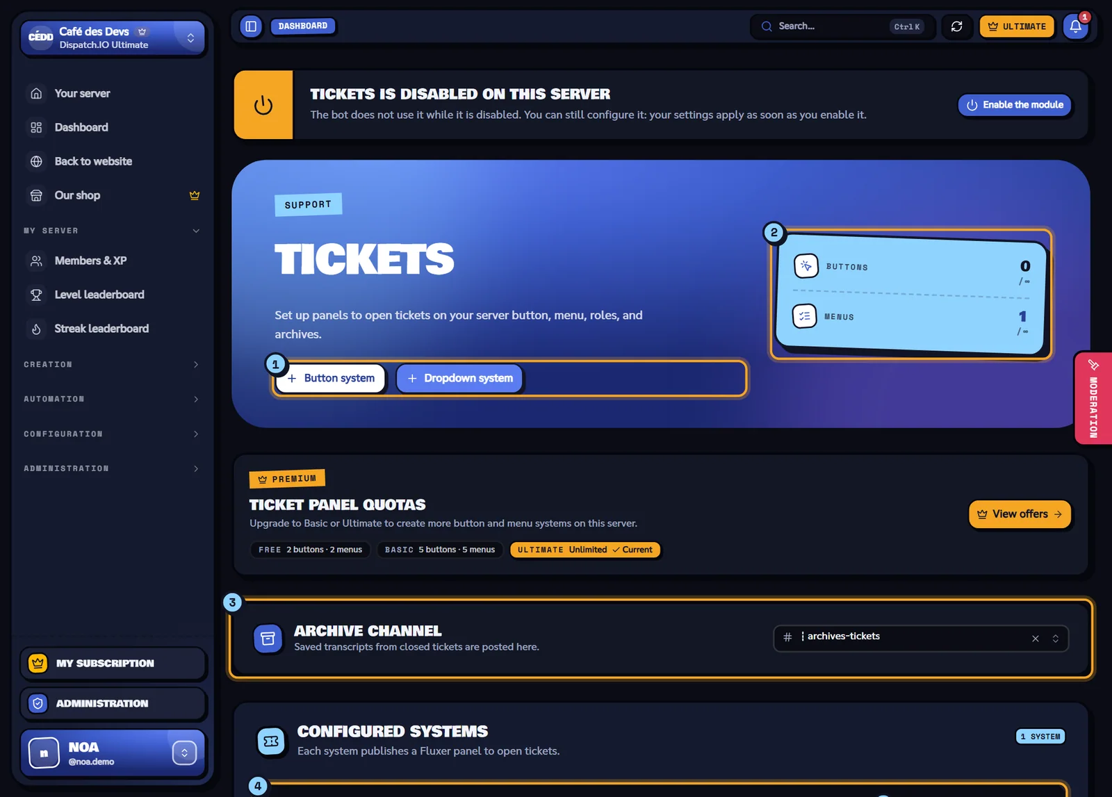 Tickets page with the quotas, the archive channel and the configured systems