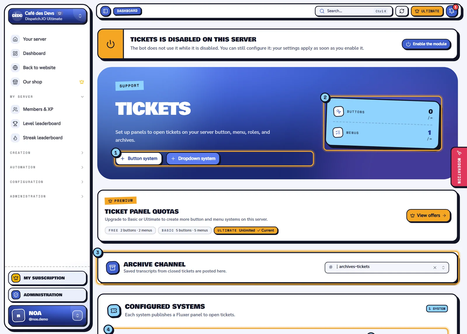 Tickets page with the quotas, the archive channel and the configured systems