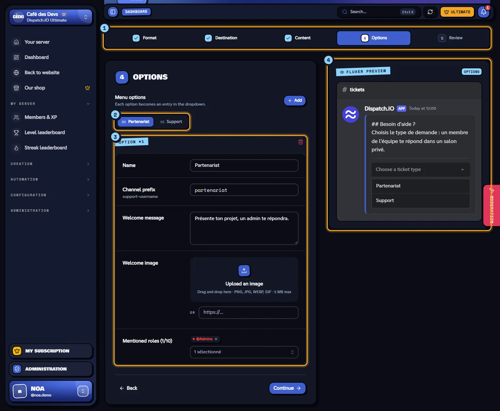 Dropdown system editor at the Options step, with the Fluxer preview of the panel