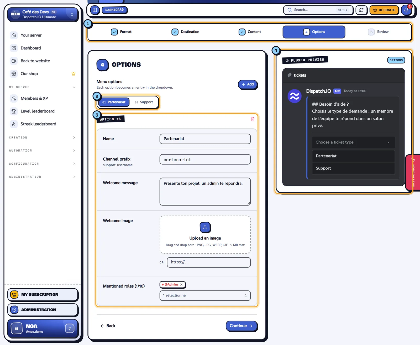 Dropdown system editor at the Options step, with the Fluxer preview of the panel