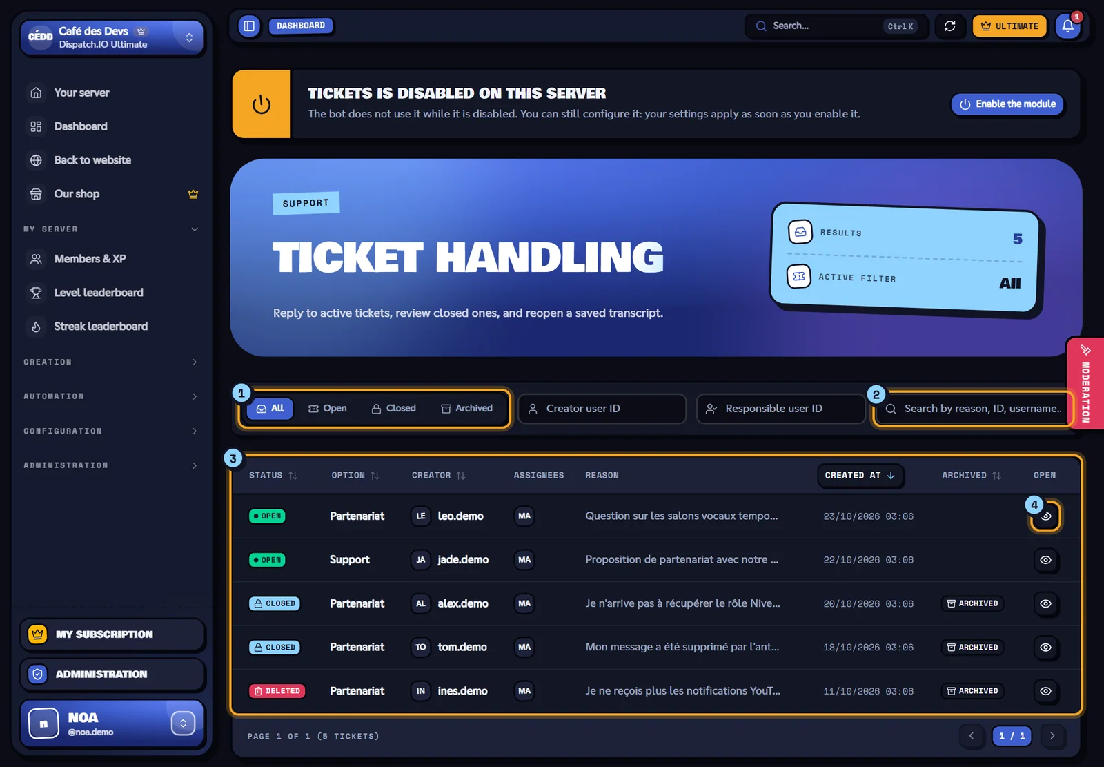 Ticket list with the status filters, the search and the table