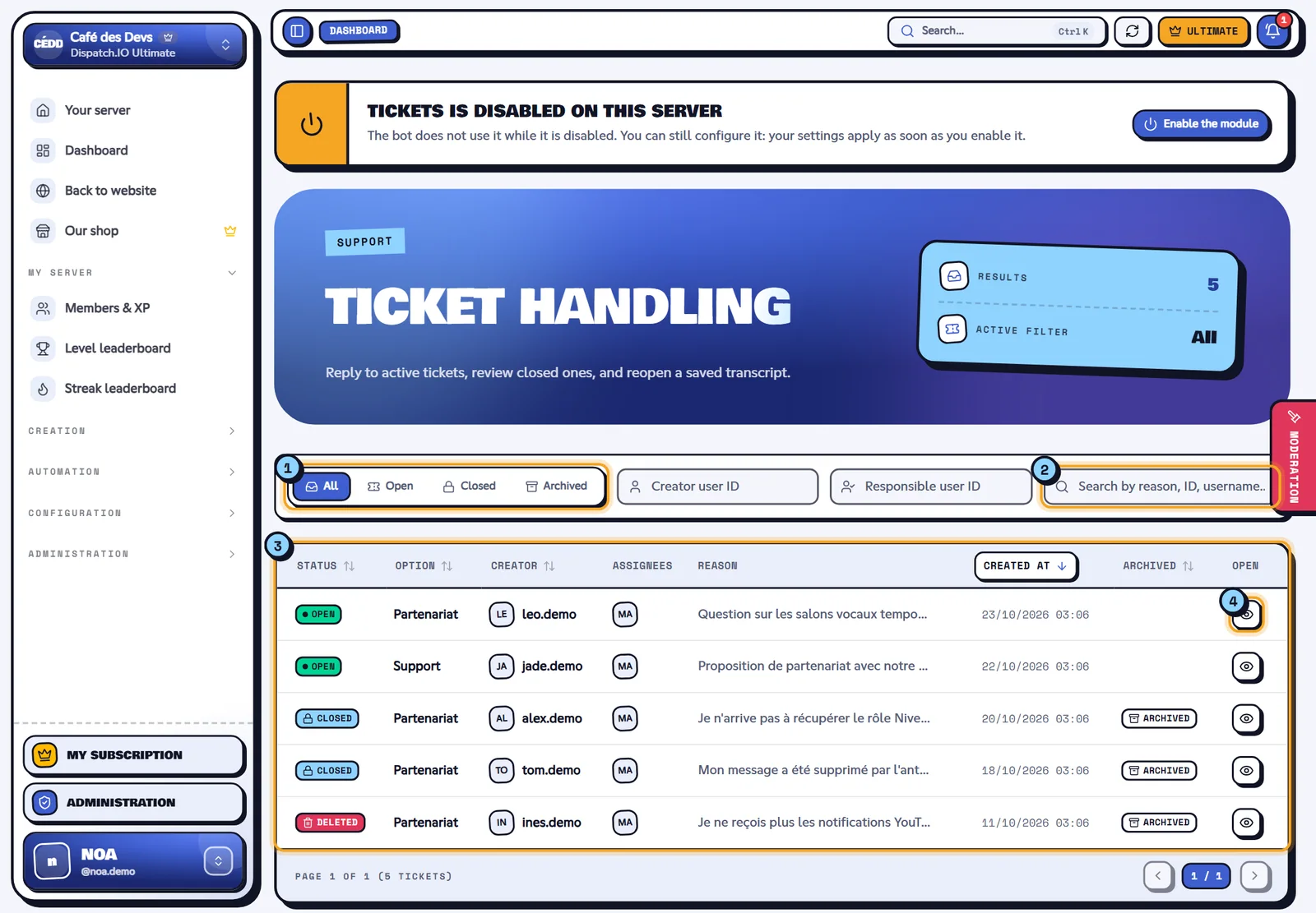Ticket list with the status filters, the search and the table