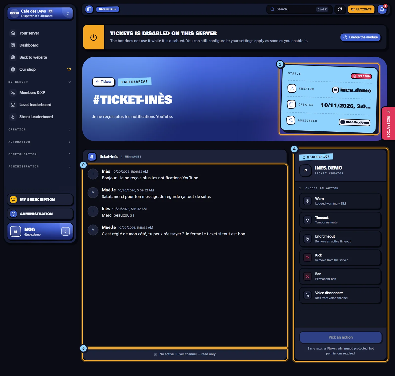 Workspace of a deleted ticket with its saved transcript and the moderation panel