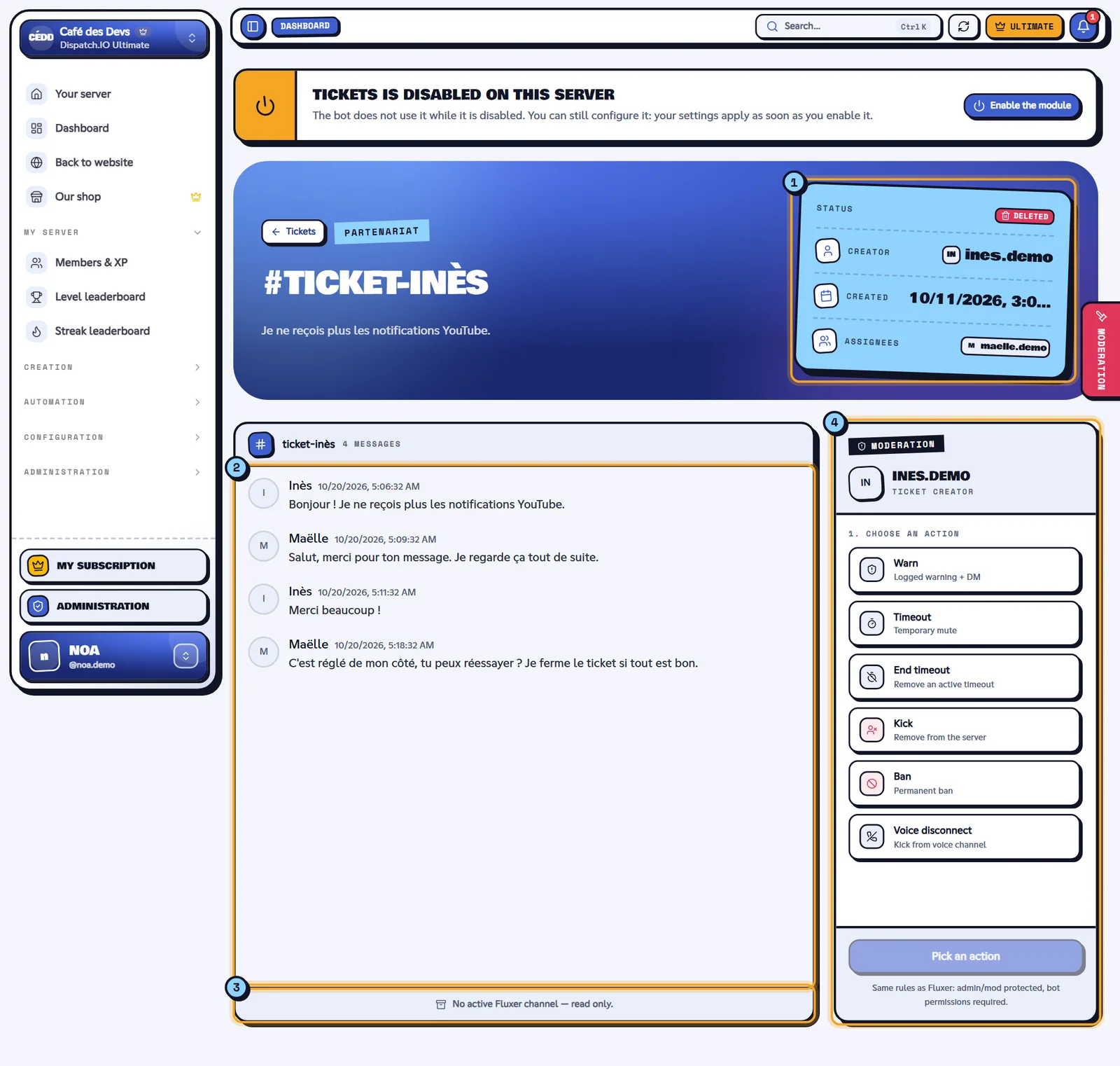 Workspace of a deleted ticket with its saved transcript and the moderation panel