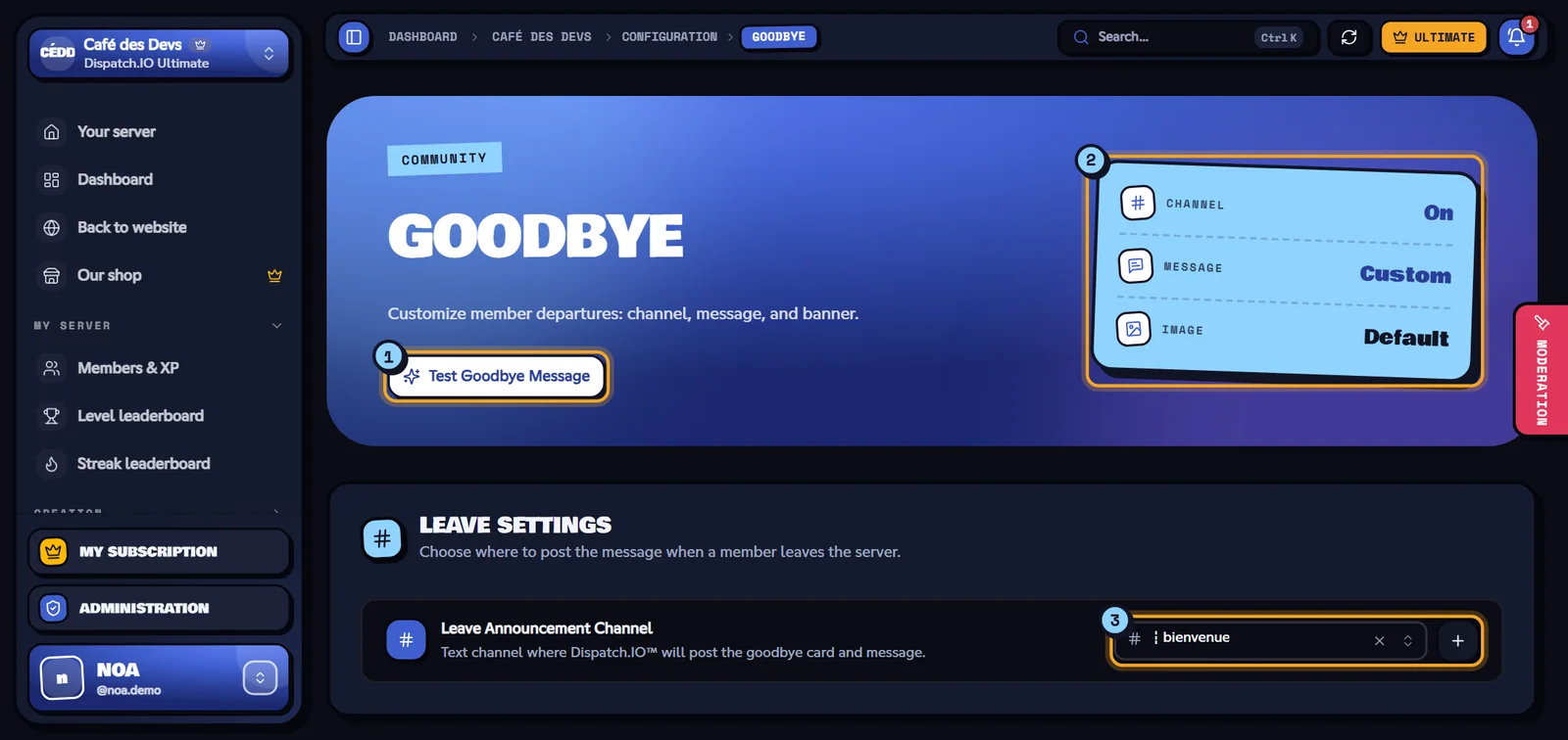 The Goodbye page: same form, without roles. Goodbye page with three indicators and the leave channel