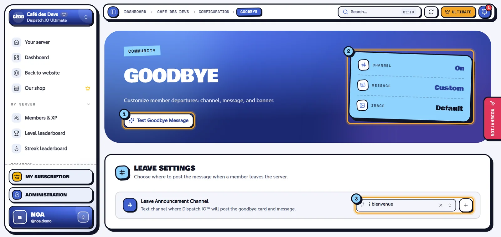 The Goodbye page: same form, without roles. Goodbye page with three indicators and the leave channel