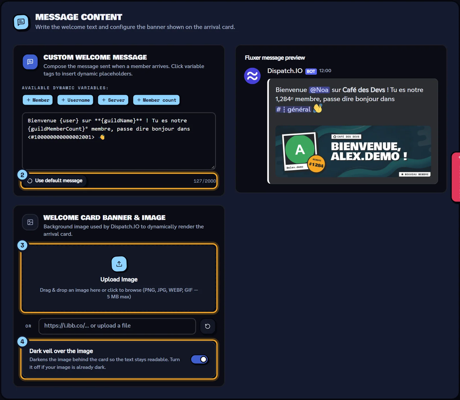 The message, the image and the live preview, before saving. Welcome message content with variables, background image and Fluxer preview