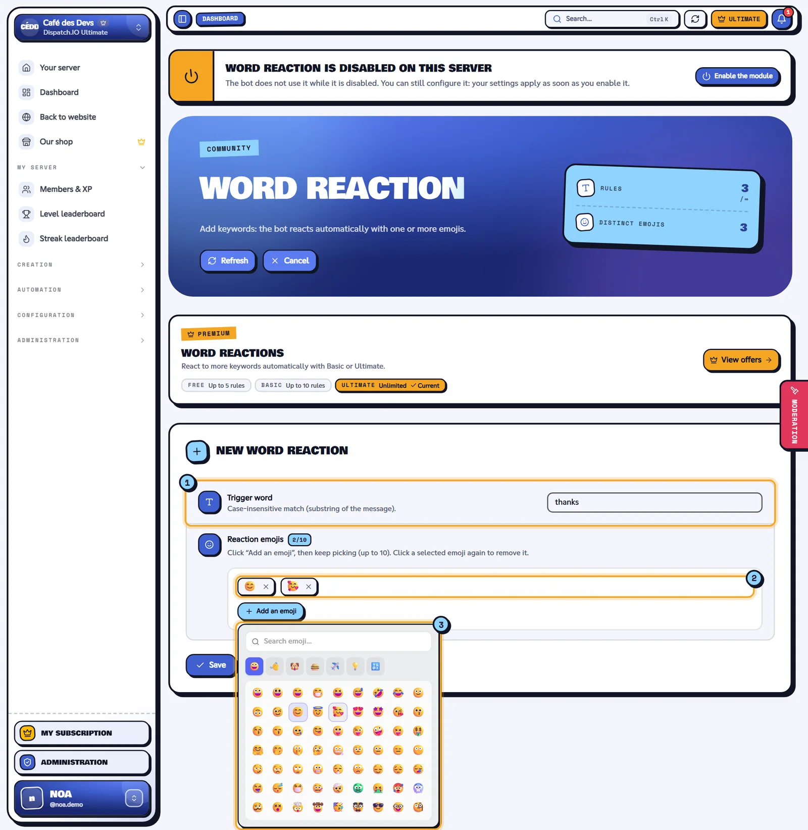 The creation form with the emoji picker open. New word reaction form with the emoji picker open