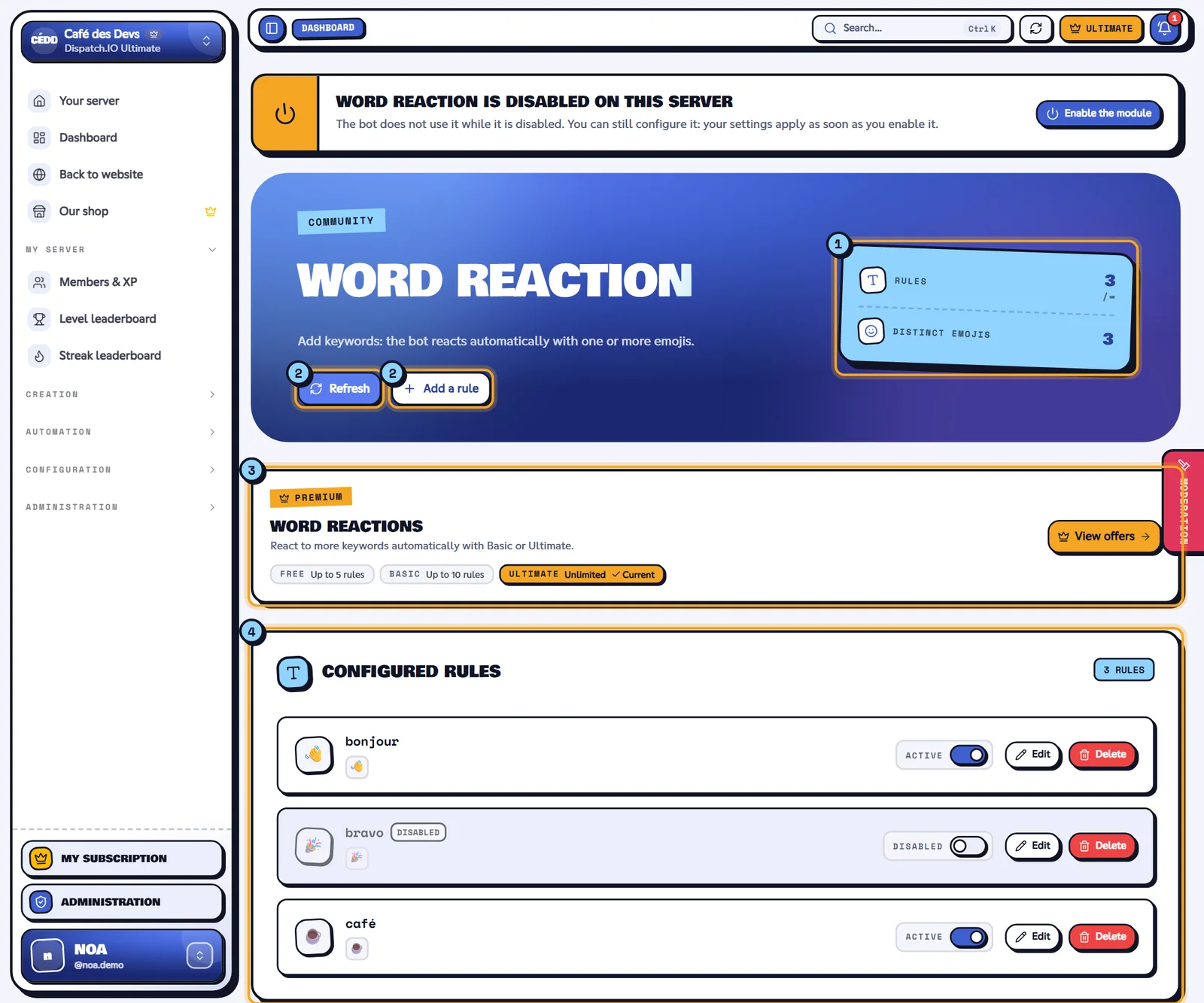 The Word reaction page of the Café des Devs server. Word reaction page with three rules