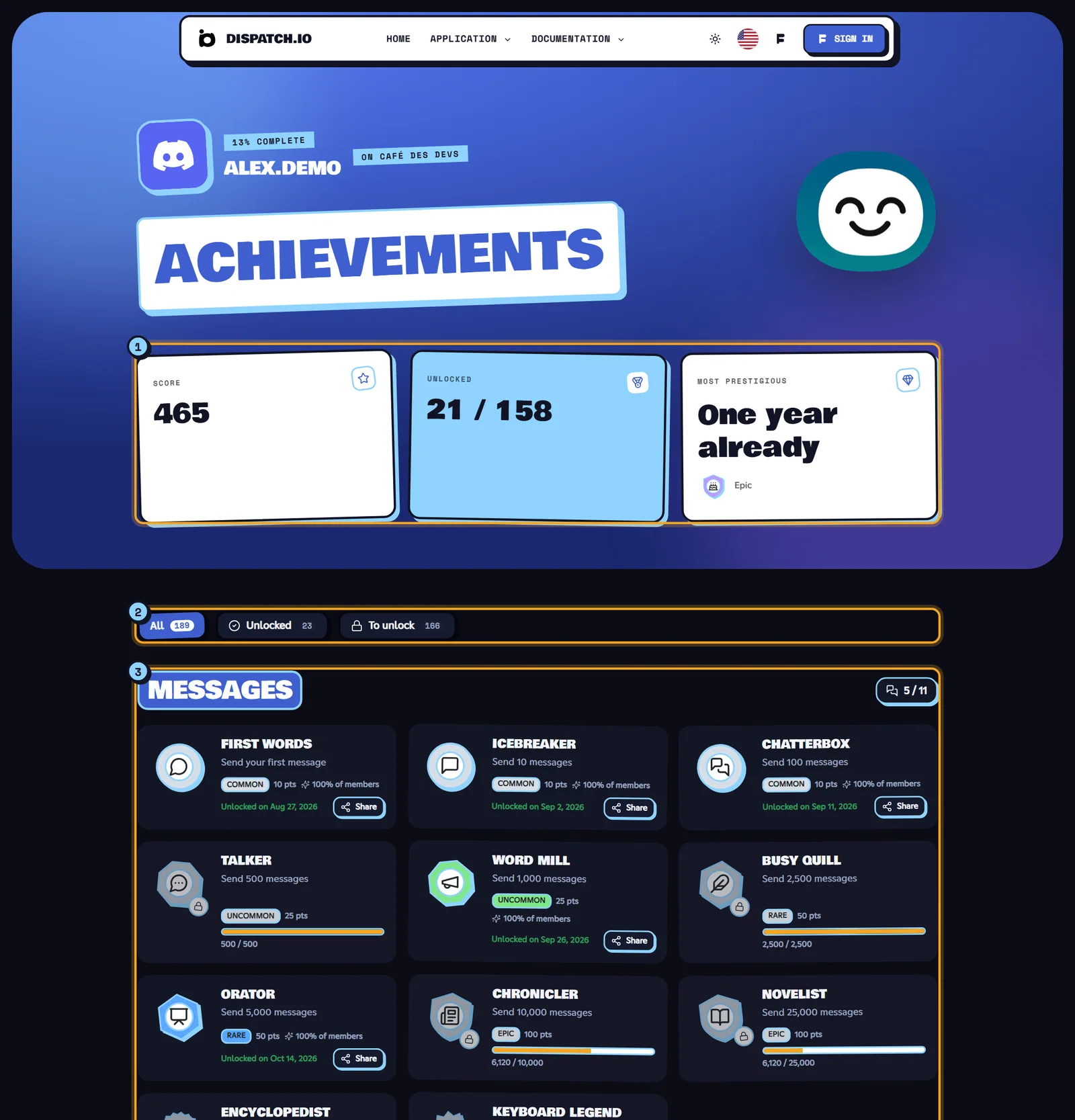 Alex's achievements page on Café des Devs: score, unlocked achievements, filters and categories