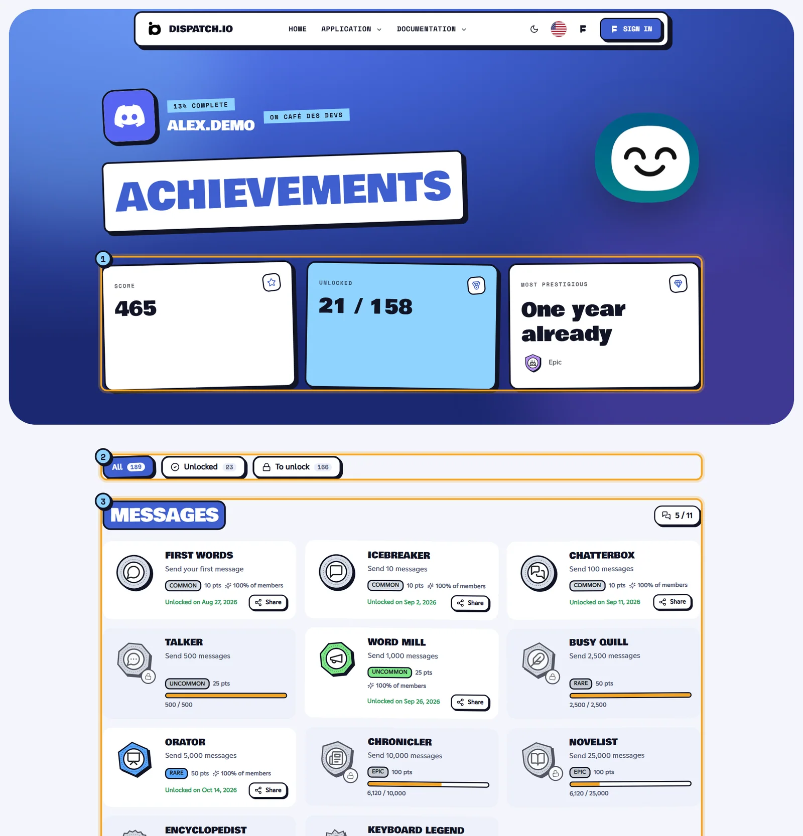 Alex's achievements page on Café des Devs: score, unlocked achievements, filters and categories
