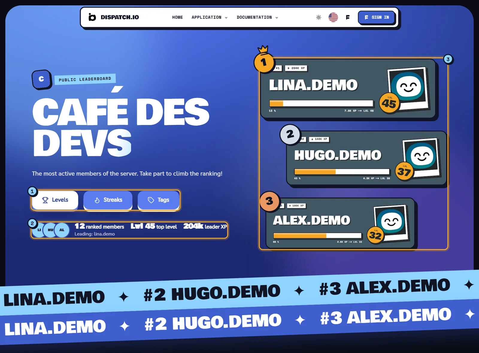 Level leaderboard of the Café des Devs server: blue header with the server name, Levels and Streaks buttons, key figures and a podium of the top three