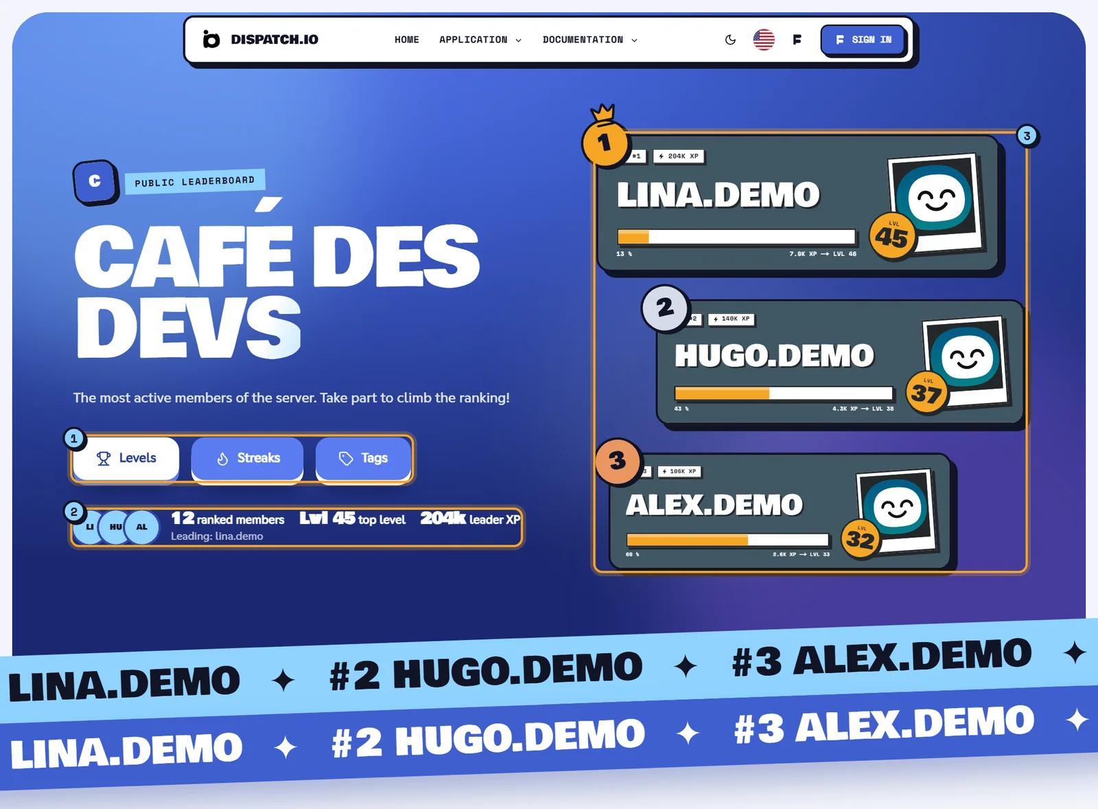 Level leaderboard of the Café des Devs server: blue header with the server name, Levels and Streaks buttons, key figures and a podium of the top three