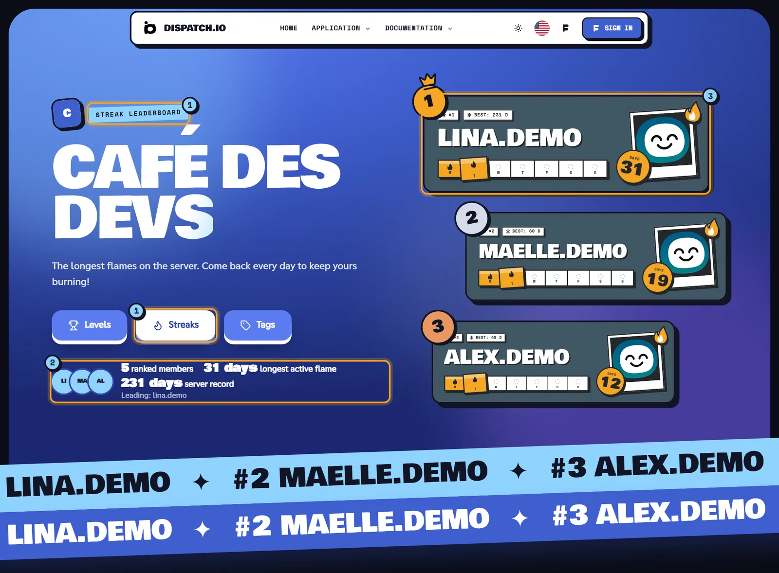 Flame leaderboard of Café des Devs: header with the Streaks button active, key figures and a podium of flame cards showing the days of the week