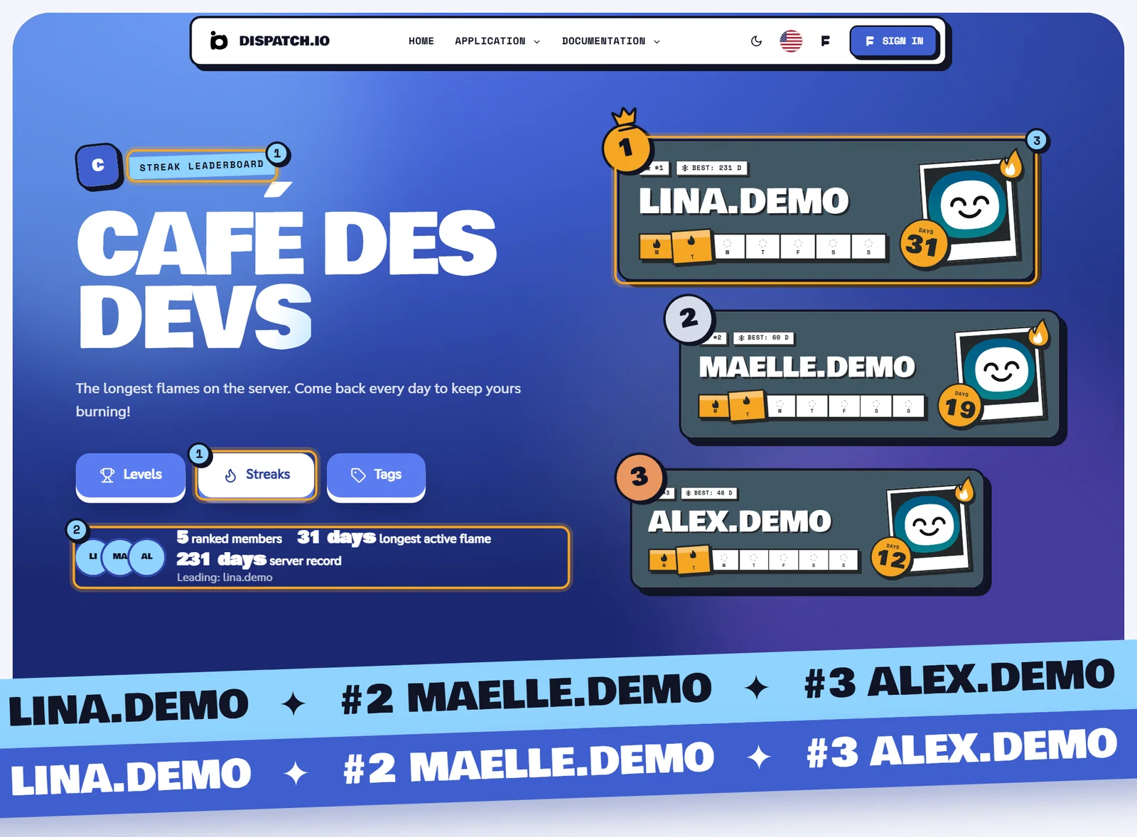 Flame leaderboard of Café des Devs: header with the Streaks button active, key figures and a podium of flame cards showing the days of the week