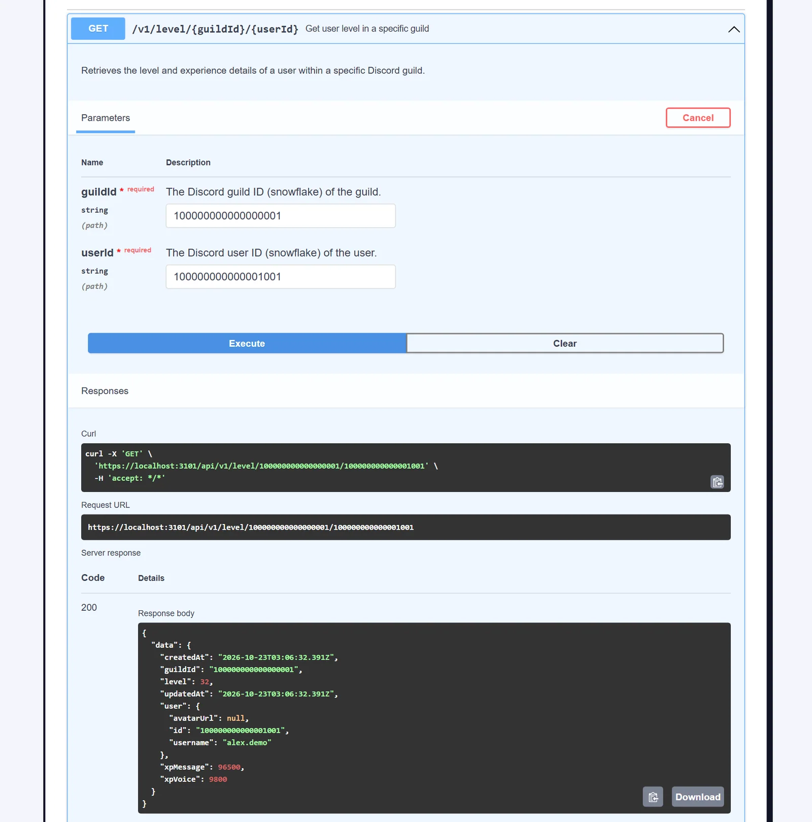The GET /v1/level/{guildId}/{userId} address expanded in Swagger after Execute: parameters filled in and a 200 response with the member's level