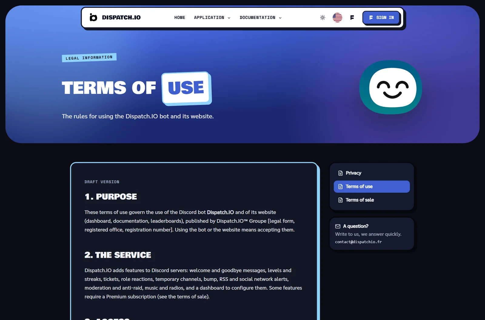 Terms of Use page: title, summary and a box saying the page is under construction