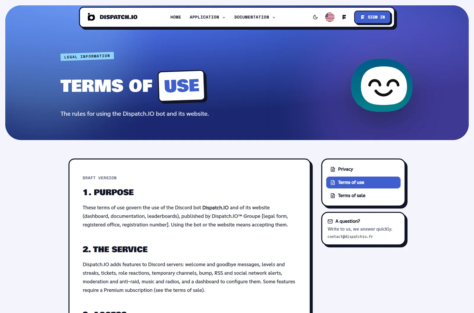 Terms of Use page: title, summary and a box saying the page is under construction