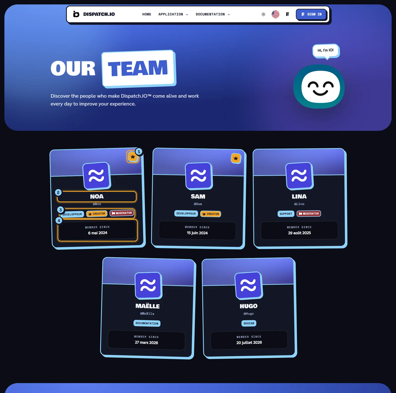 Our Team page: a grid of member cards with a blue banner, avatar, name and badges