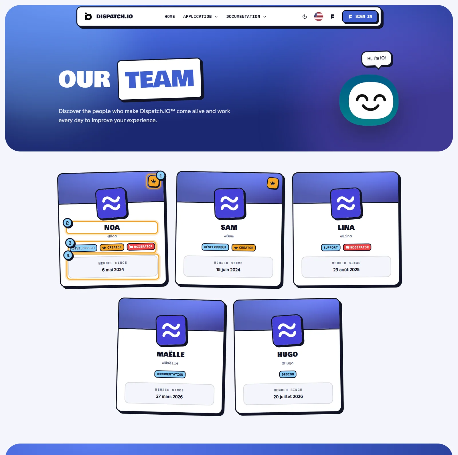Our Team page: a grid of member cards with a blue banner, avatar, name and badges