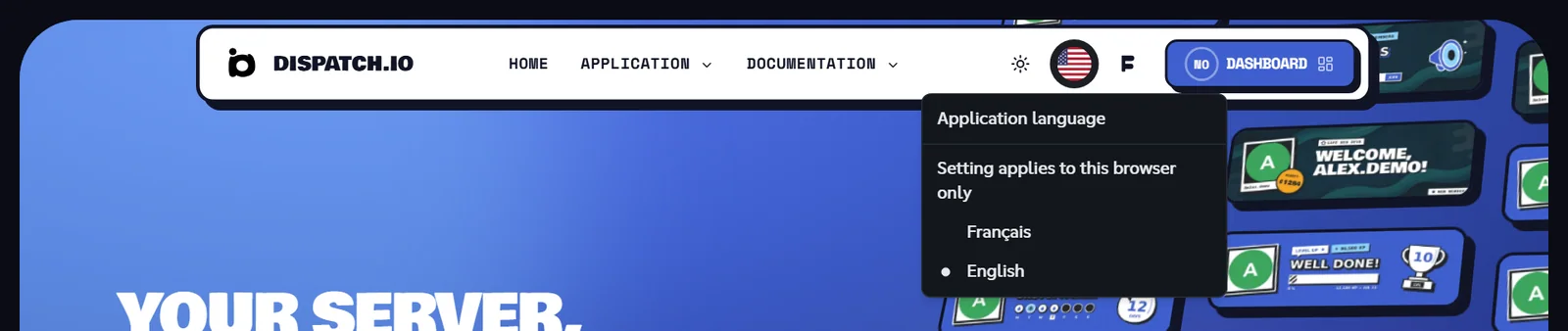Application language menu opened from the flag in the top menu, with the Français and English options