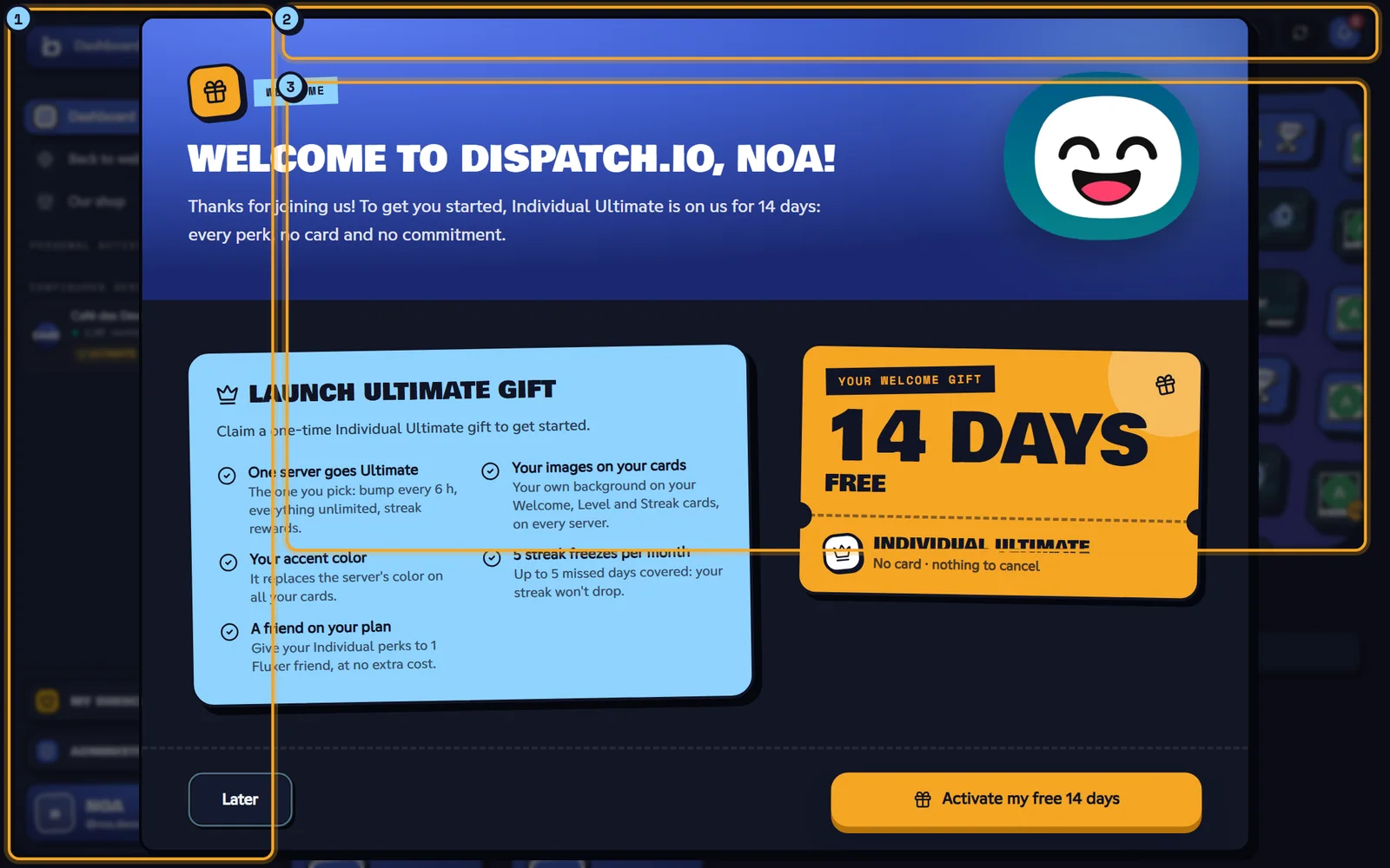 Noa's dashboard with the sidebar, the top bar and the page content