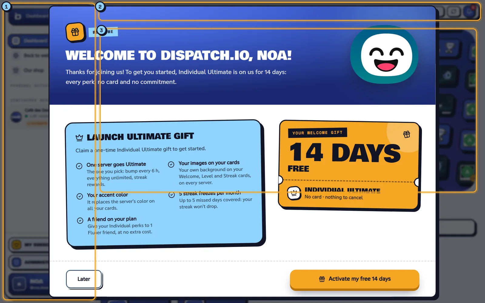 Noa's dashboard with the sidebar, the top bar and the page content