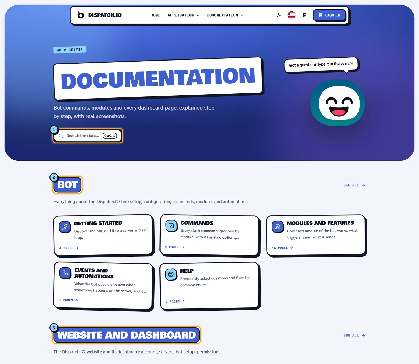 Documentation home with the search field and the two spaces