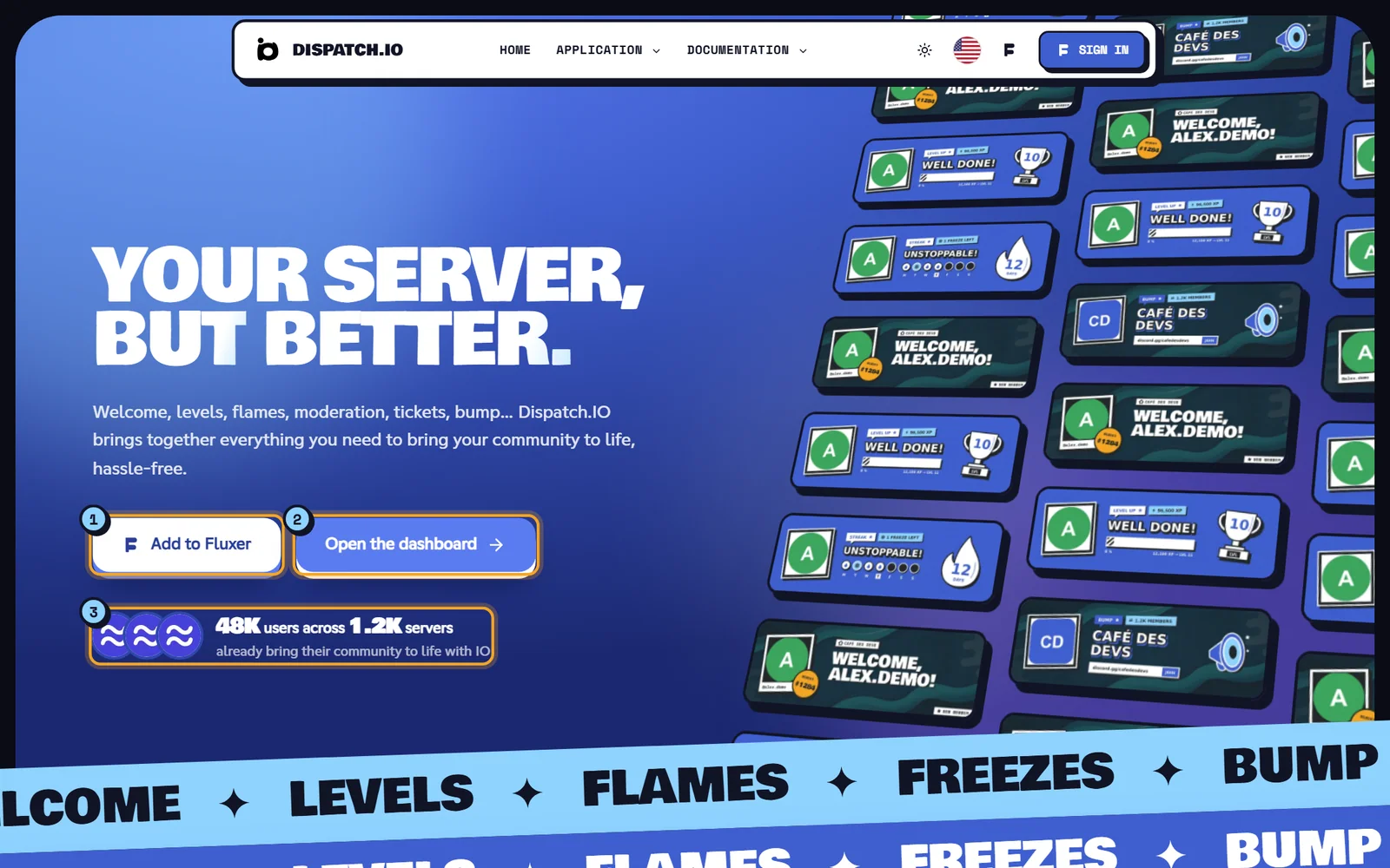 Top of the Dispatch.IO home page with the title, both buttons and the user counter