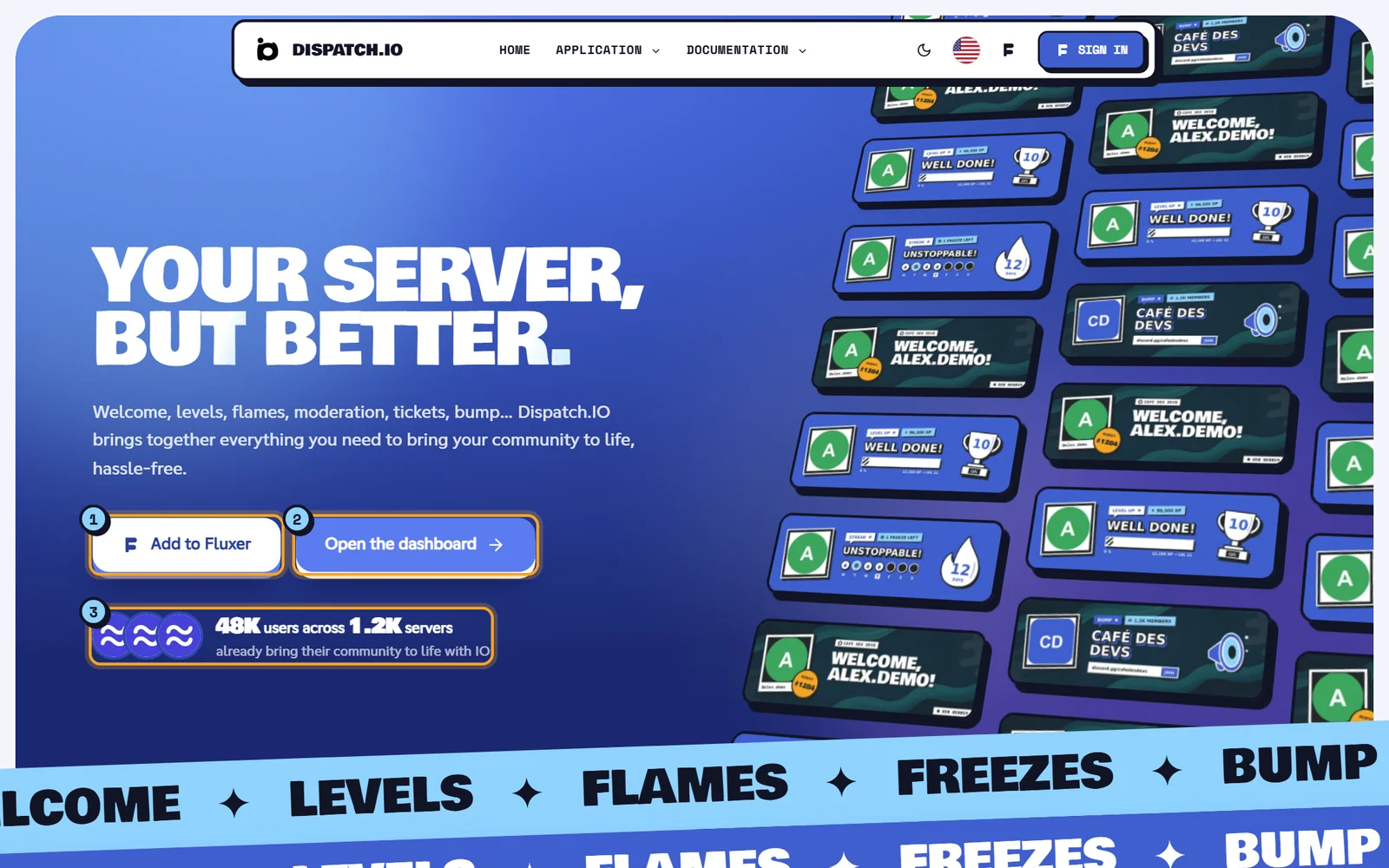 Top of the Dispatch.IO home page with the title, both buttons and the user counter