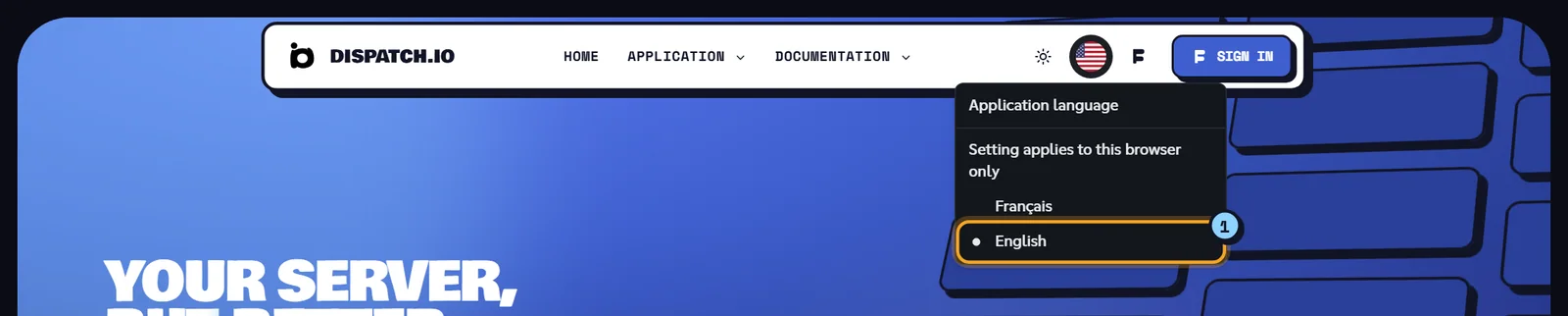 Application language menu open with the Français and English options