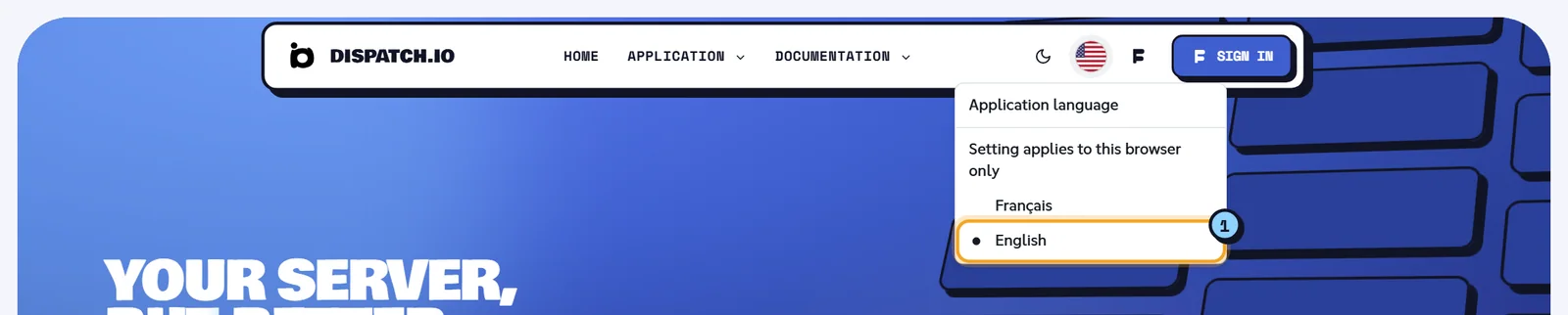 Application language menu open with the Français and English options