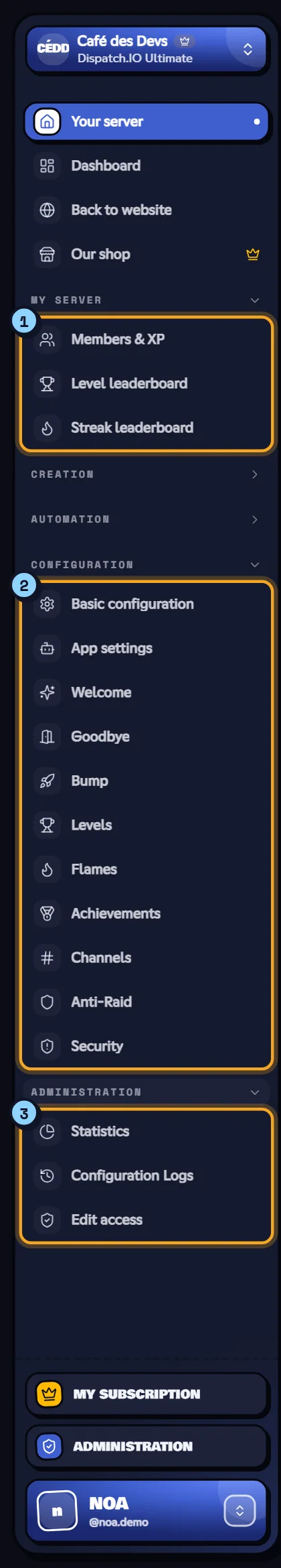 Server dashboard menu with its three groups