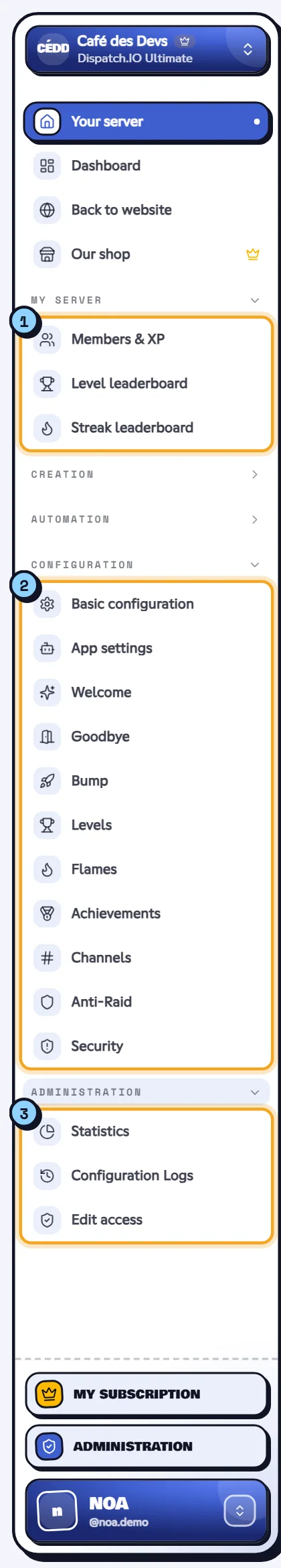 Server dashboard menu with its three groups