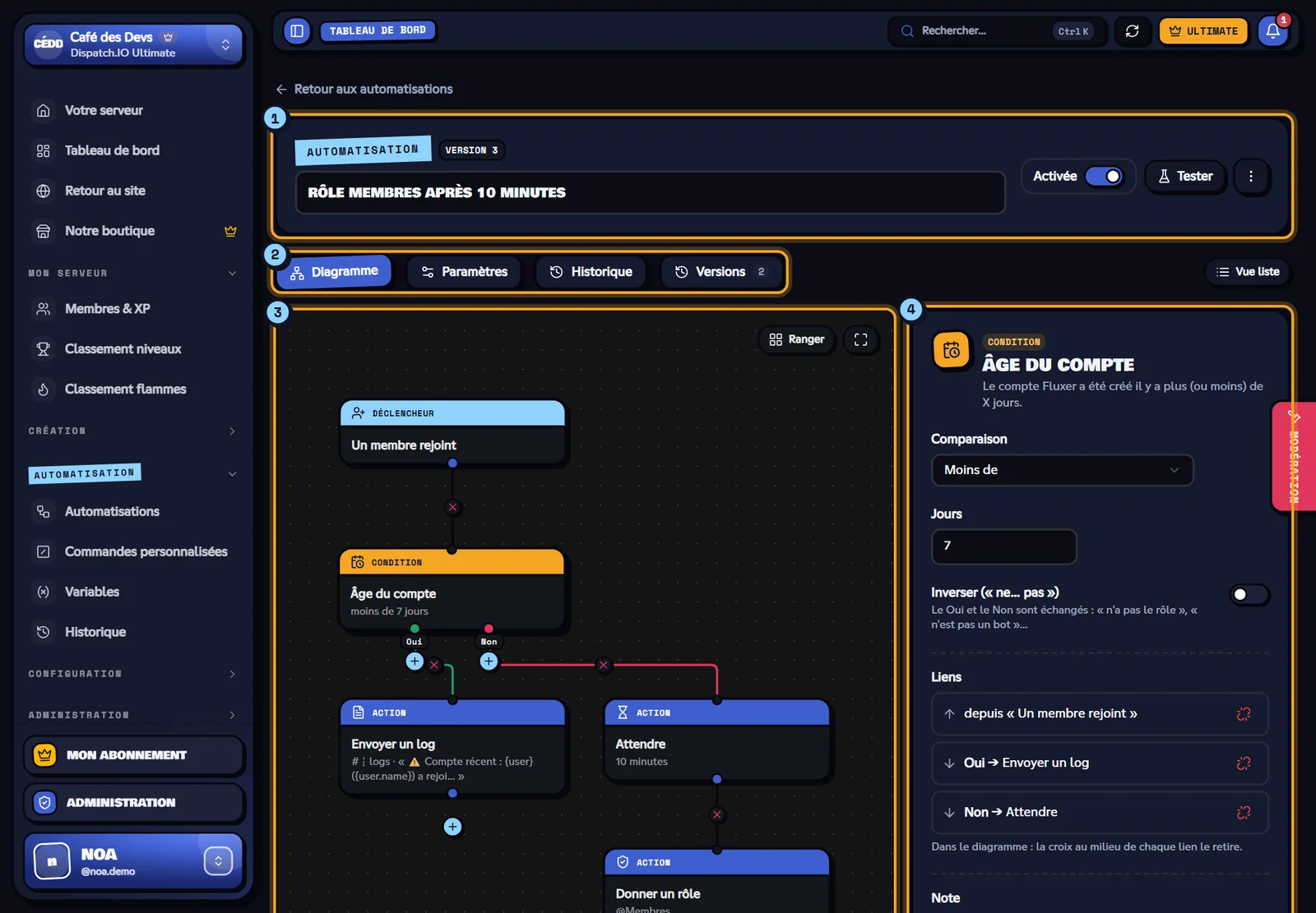Éditeur d'automatisation en diagramme, un bloc sélectionné